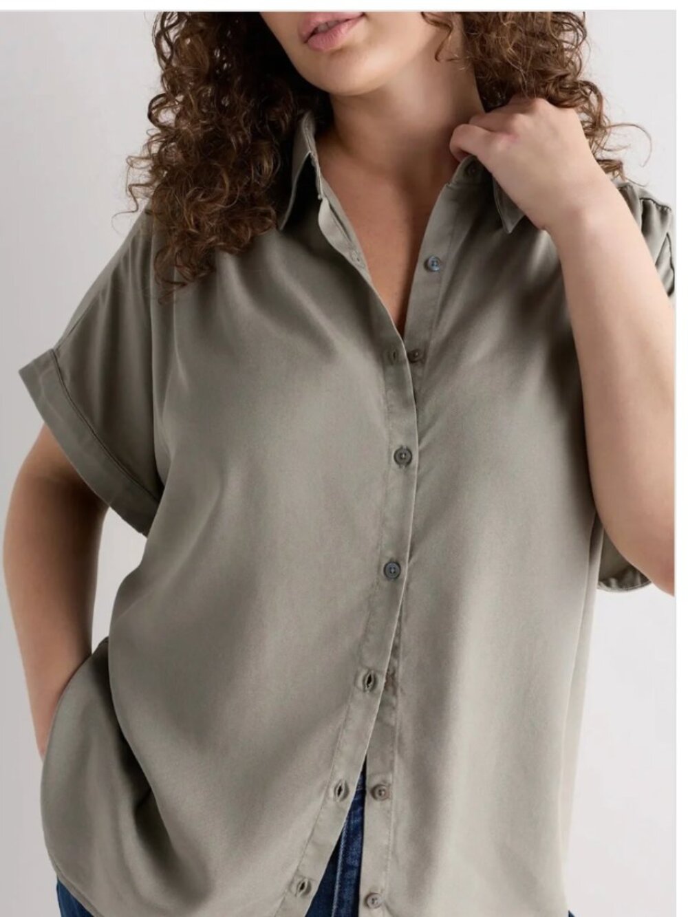 Quince Vintage Wash Tencel Lyocell Camp Shirt XS Olive Green Boxy Button Down